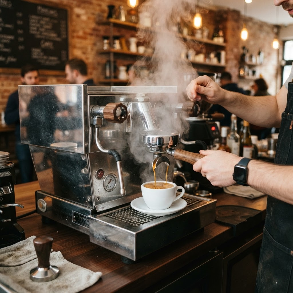 Espressor reparat care extrage o cafea cu cremă densă